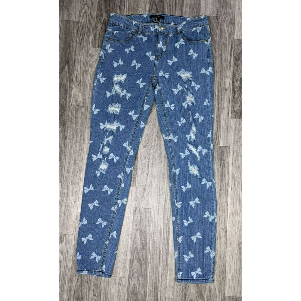 Forever 21‎ Womens Size 28 Bow Pattern Skinny Distressed Denim Blue Jeans